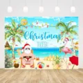 Kerst in juli zomerstrandfeest achtergrond met kerstman en flamingo decoratie - SBJ-004 / 95x75cm