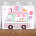 Sfondo fotografico dolce furgone dei gelati rosa per festa di compleanno bambine - Motivo Camion dei Gelati(SBJ-007) / 95x75cm