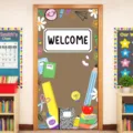 Back to School classroom door cover with colorful pencil and notebook print decoration - 90x180cm / Brown Stationery Welcome Style (ML-004)
