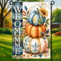 Drapeau de jardin d'automne avec citrouilles empilées et tournesol dans une cour - Style Welcome Citrouilles Empilées Rustique (Q-008) / 30x45cm