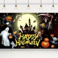 Vibrant Halloween party backdrop featuring cartoon ghost, reaper and pumpkin lanterns - Halloween Castle Style (SBJ-006) / 95x75cm