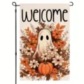 Halloween Gartenflagge mit süßem Gespenst, Kürbis und herbstlichen Blumenmuster - Willkommen Herbst Geist Floral Stil (Q-007) / 30x45cm