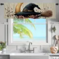 Valance de cuisine d'Halloween avec chapeau de sorcière et balai pour fenêtre festive. - CM-009 Beige Chapeau de Sorcier Croissant de Lune Balai