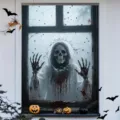 Banner per finestra Halloween con scheletro spaventoso, sangue e ragnatela reale. - 120x80cm / Stile Scheletro con Tunica e Finestra Sanguinante