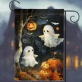 Bandera de jardín de Halloween de doble cara con lindos fantasmas y calabazas naranjas - Estilo Fantasma Lindo Calabaza (Q-007) / 30x45cm