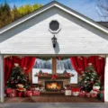 Festive Christmas garage door banner featuring cozy fireplace and decorated trees scene - Cozy Fireplace Christmas Tree and Teddy Bear (CK-008) / 400x180cm