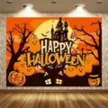 Cartoon Halloween backdrop with pumpkins and haunted castle for party decor. - Halloween Pumpkin Castle (SBJ-007) / 95x75cm