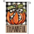Drapeau de jardin automnal avec citrouille nœud à carreaux et texte Thankful - Style Thankful Citrouille Carreaux Buffalo (Q-010) / 30x45cm