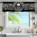 Valence de fenêtre de cuisine gothique vintage avec motifs floraux baroques maison - CM-011 Noir Baroque Crâne Floral