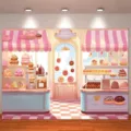 Sfondo fotografico rosa Sweet Shoppe con ciambelle e gelato - 95x75cm
