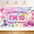 Roze 10e verjaardag achtergrond voor meisjes met discobal en ballonnen thema decor - Verjaardagsfeest Decoratie Achtergrond (SBJ-001) / 95x75cm / Roze Paars
