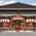 Christmas Shop garage door banner with festive storefront and holiday decor - Cozy Christmas Shop Storefront Design (CK-010) / 400x180cm