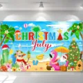 Levendige kerst in juli achtergrond met zomerstrand en kerstman afbeeldingen - SBJ-007 / 95x75cm