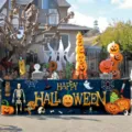 Large spooky Happy Halloween outdoor yard banner featuring skeleton and pumpkin motifs - Halloween Character Pattern (SHF-004) / 30x120cm