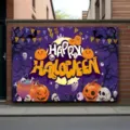 Purple Halloween party backdrop featuring cute cartoon pumpkins and ghosts decoration - Halloween Cartoon Illustration Style (SBJ-008) / 95x75cm