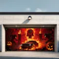 Halloween garage door banner featuring a flaming skull, demon, and jack-o-lantern design. - 火焰骷髅赛车款式(CK-001) / 150x100cm