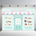 Sfondo fotografico gelateria Sweet Shoppe rosa pastello per decorazione festa bambina - Stile Negozio di Dolci (SBJ-004) / 95x75cm / verde rosa