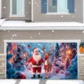 Festive Christmas garage door banner featuring Santa Claus and a reindeer in snow - Santa Claus and Reindeer Town Style (CK-011) / 400x180cm