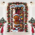 Festive Christmas door banner featuring a smiling gingerbread man for holiday party decor - 90x180cm / Cartoon Gingerbread Man Pattern (ML-009)