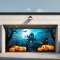 Large Halloween garage door banner decoration featuring spooky house and glowing pumpkins - Haunted House Pumpkin Style (CK-007) / 150x100cm