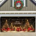Festive Christmas garage door banner with warm golden trees and red gift boxes - Golden Christmas Tree and Gift Box Style (CK-013) / 400x180cm