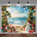 Tropische strand kerstachtergrond met sneeuwpop en bomen voor zomervakantiefeestjes - SBJ-009 / 95x75cm