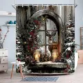 Festlicher Weihnachts-Duschvorhang mit rustikalem Winterhirsch und Schneefenstermotiv - Einzelner Duschvorhang 90x180cm / Vintage Rentier & Kerze Stil (YL-013)