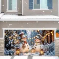 Festive Christmas garage door cover with adorable snowmen and winter landscape décor - Snowman Friends and Lantern Style (CK-014) / 400x180cm