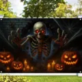 Πανό Halloween για γκαραζόπορτα με τρομακτικό σκελετό και φωτιζόμενες κολοκύθες διακόσμηση - Στυλ Κολοκύθα Κρανίο Με Κόκκινα Μάτια (CK-008) / 400x180cm