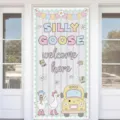 Back-to-school door banner featuring Silly Goose and yellow bus in pastel colors - 90x180cm / Cute Goose Style (ML-010)