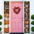 Autumn Thanksgiving porch banners with pumpkins and Welcome text front door decoration - Pumpkin Lattice Welcome Style (SDL-014) / 30x150cm Pack