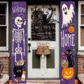 Halloween Welcome Home vertical banners in purple with skeleton and ghost illustrations - Purple Black Cat Pumpkin Style (SDL-014) / 30x150cm