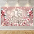 Roze en roségouden 16e verjaardag achtergrond met ballonnen en rozen decoratie - Verjaardagsfeest Decoratie Achtergrond (SBJ-002) / 95x75cm / Roze Roségoudtint