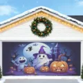 Vibrant Halloween garage door banner with cute cartoon ghosts and pumpkin decorations - Purple Ghost Castle (CK-001) / 150x100cm