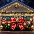 Christmas garage door banner featuring a large red bow and festive golden ornaments - Red Bow and Gold Baubles Style (CK-015) / 400x180cm