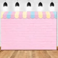 Sfondo fotografico muro di mattoni rosa e tenda pastello per festa di compleanno - SBJ-008 / 95x75cm