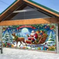 Festive Christmas garage door banner featuring cute Santa Claus and reindeer design - Santa Sleigh Ride Style (CK-016) / 400x180cm