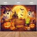 Halloween backdrop with cute ghosts, pumpkins, and haunted castle for party decor - Halloween Cartoon Ghost Pumpkin Style (SBJ-012) / 95x75cm