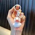 Adorable white flocked duckling keychain pendant with matching white ring and clasp - White
