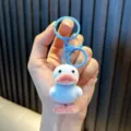 Adorable light blue flocked duckling keychain with matching blue metal keyring clip - Blue