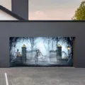 Spooky Halloween garage door banner cover featuring skeletons and graveyard haunted house scene - Skeleton Graveyard Style (CK-001) / 150x100cm