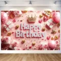 Rosa und goldener Happy Birthday Fotohintergrund mit goldener Krone und Geschenken - Roségold-Kronenstil (SBJ-003) / 95x75cm / Roségold