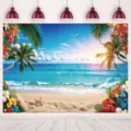 Tropical Hawaiian beach photography backdrop with palm leaves and flowers for party decor - Hawaii Beach (SBJ-005) / 95x75cm