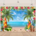 Fondo fotográfico de playa hawaiana de verano con flores tropicales, palmeras y tablas de surf - Playa de Hawái (SBJ-004) / 95x75cm