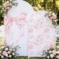 Arch-Hintergrundabdeckungen mit rosa Schleife und Blumenmuster für Hochzeitsdeko - Rosa Schleife Blumen Thema (GX-004) / Polyester (100x200cm+120x220cm)