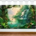 Vibrant tropical rainforest waterfall backdrop with jungle animals for photography - Tropical Rainforest Waterfall and Animals (SBJ-004) / 95x75cm