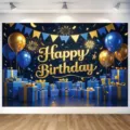 Banner de fondo Happy Birthday azul y dorado para una decoración de fiesta de cumpleaños - Estilo Azul Dorado (SBJ-014) / 95x75cm