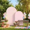 Set di fondali ad arco rosa a quadretti e tinta unita per feste in giardino ed eventi - Stile Picnic a Quadretti Rosa e Bianco (SGX-007)