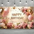 Banner de fondo de Feliz Cumpleaños rosa y dorado con rosas y globos para fiestas - Estilo Oro Rosa (SBJ-010) / 95x75cm