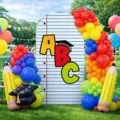 Back to school party backdrop with colorful balloon arch and pencil props - Regular Polyester - Notebook Pattern Style (SGX-004) / 50x120CM